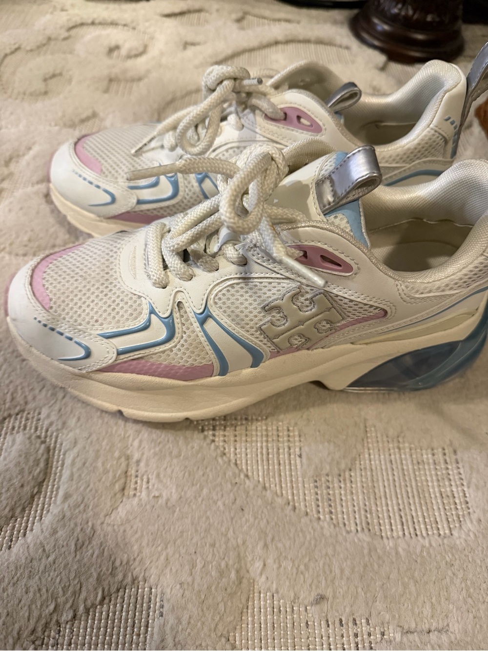 Tory Butch Good Luck Trainer Sneakers with Pastel Blue & Pink Accents